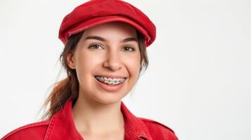 un appareil dentaire sur les dents magnifique rouge lèvres et blanc les dents avec métal croisillons. une les filles sourire. photo