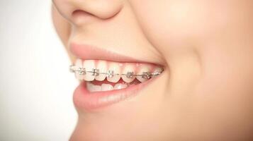un appareil dentaire sur les dents magnifique rouge lèvres et blanc les dents avec métal croisillons. une les filles sourire. photo
