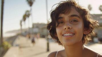 un appareil dentaire sur les dents magnifique rouge lèvres et blanc les dents avec métal croisillons. une les filles sourire. photo