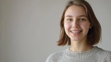 un appareil dentaire sur les dents magnifique rouge lèvres et blanc les dents avec métal croisillons. une les filles sourire. photo