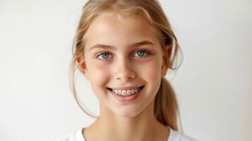 un appareil dentaire sur les dents magnifique rouge lèvres et blanc les dents avec métal croisillons. une les filles sourire. photo