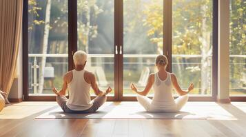 un personnes âgées couple entraine toi yoga, méditer dans yoga Des classes et conduire un actif et en bonne santé mode de vie. retraite loisirs et loisir Activités pour le âgé. bokeh dans le Contexte. photo