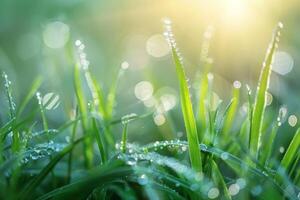 lever du soleil rosée sur luxuriant herbe avec lumière bokeh photo