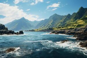 magnifique paysage marin avec montagnes et océan. la nature composition. photo