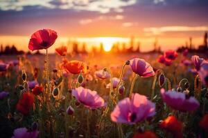 champ de épanouissement coquelicots à le coucher du soleil. la nature Contexte. photo