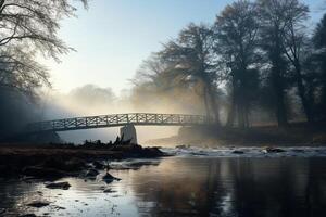 rivière paysage avec pont et brumeux des arbres dans le de bonne heure Matin. photo