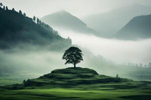 solitaire arbre sur une vert Prairie dans le montagnes. photo