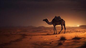 une chameau des promenades dans le le sable désert photo