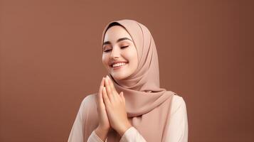 européen femme portant écharpe est prier et souriant sur marron Contexte photo