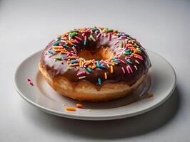 Donut avec arrose sur une assiette dans blanc Contexte photo