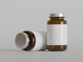 ambre pilules marron bouteille 3d le rendu blanc étiquette sur blanc Contexte photo