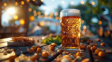 agresser de Bière et collations sur une en bois table dans le jardin photo