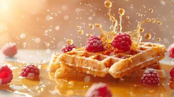 Belge gaufre petit déjeuner scène avec éléments flottant dans le air, contre une lumière érable sirop coloré Contexte photo