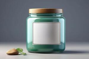 élégant bleu verre pot avec en bois couvercle et Vide étiquette - moderne cuisine espace de rangement Solution photo