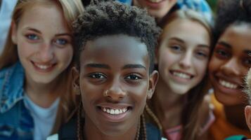 une diverse groupe de Jeune adultes souriant à la recherche photo