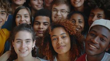 une diverse groupe de Jeune adultes souriant à la recherche photo