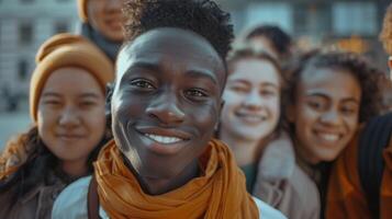 une diverse groupe de Jeune adultes souriant à la recherche photo