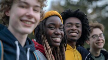 une diverse groupe de Jeune adultes souriant à la recherche photo