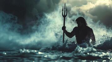 une homme avec une trident dans le l'eau photo