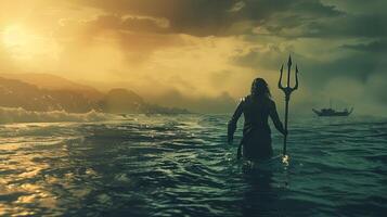 une homme avec une trident dans le l'eau photo