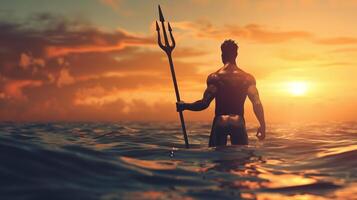 une homme avec une trident dans le l'eau photo