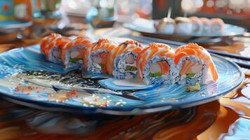 une La peinture de Sushi et une assiette avec une image photo