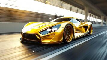 une brillant Jaune des sports voiture conduite dans une course photo