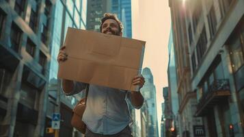 une souriant homme en marchant dans le ville en portant une signe photo