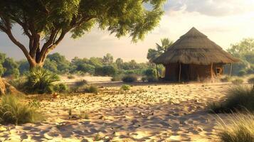 africain cabane dans rural scène entouré par le sable photo