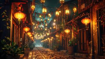 ancien ville rue illuminé par lanternes spectacle photo