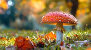 l'automne forêt proche en haut de comestible champignon sur herbe photo