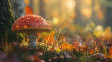 l'automne forêt proche en haut de comestible champignon sur herbe photo