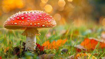 l'automne forêt proche en haut de comestible champignon sur herbe photo