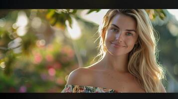 magnifique blond femme dans une floral robe souriant photo