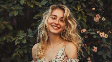 magnifique blond femme dans une floral robe souriant photo