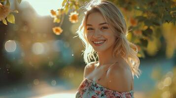 magnifique blond femme dans une floral robe souriant photo