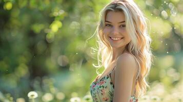 magnifique blond femme dans une floral robe souriant photo