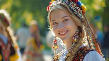 magnifique blond femme dans traditionnel Vêtements photo