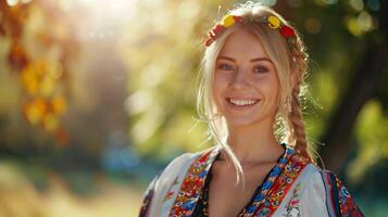 magnifique blond femme dans traditionnel Vêtements photo