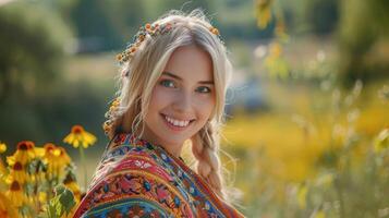 magnifique blond femme dans traditionnel Vêtements photo