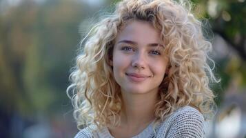 magnifique blond femme avec frisé cheveux à la recherche photo