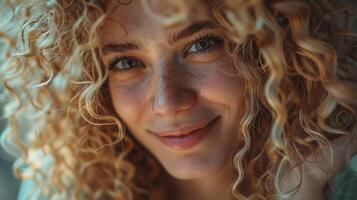 magnifique blond femme avec frisé cheveux à la recherche photo