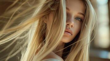 magnifique mode modèle avec longue blond cheveux Regardez photo