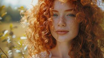 magnifique roux femme avec frisé cheveux à la recherche photo