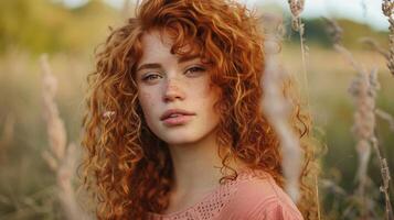 magnifique roux femme avec frisé cheveux à la recherche photo