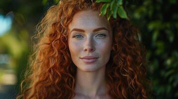 magnifique roux femme avec frisé cheveux à la recherche photo