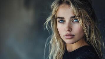 magnifique femme avec blond cheveux à la recherche à caméra photo