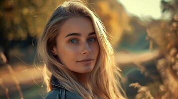 magnifique femme avec longue blond cheveux à la recherche photo