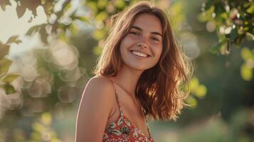 magnifique Jeune femme dans une été robe souriant photo