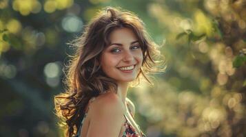 magnifique Jeune femme dans une été robe souriant photo